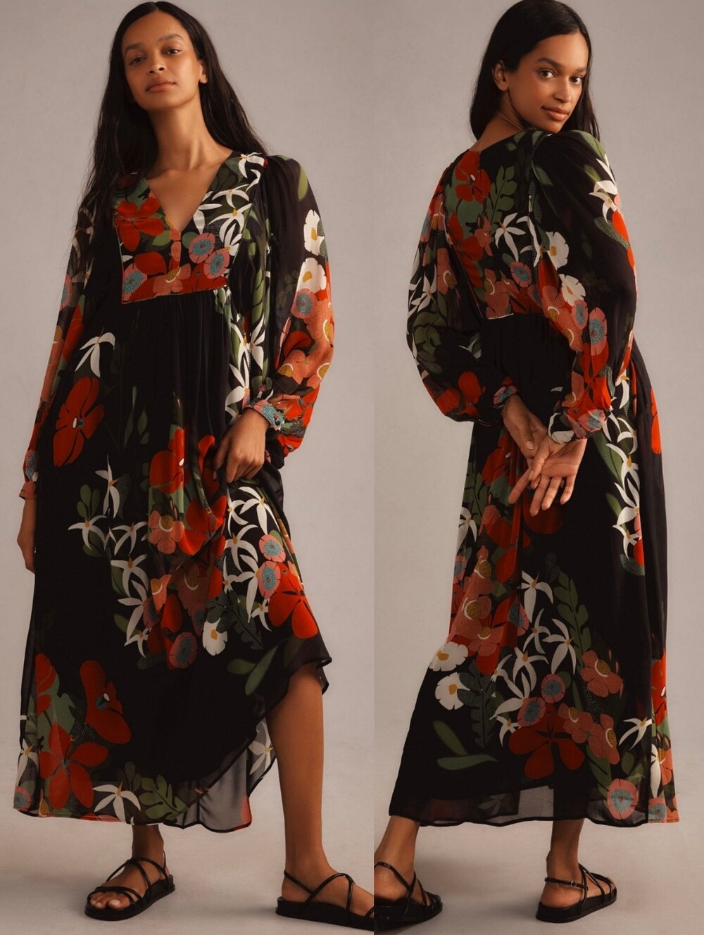 FARM RIO × ANTHROPOLOGIE Black Long Sleeve V-Neck Floral Maxi Dress